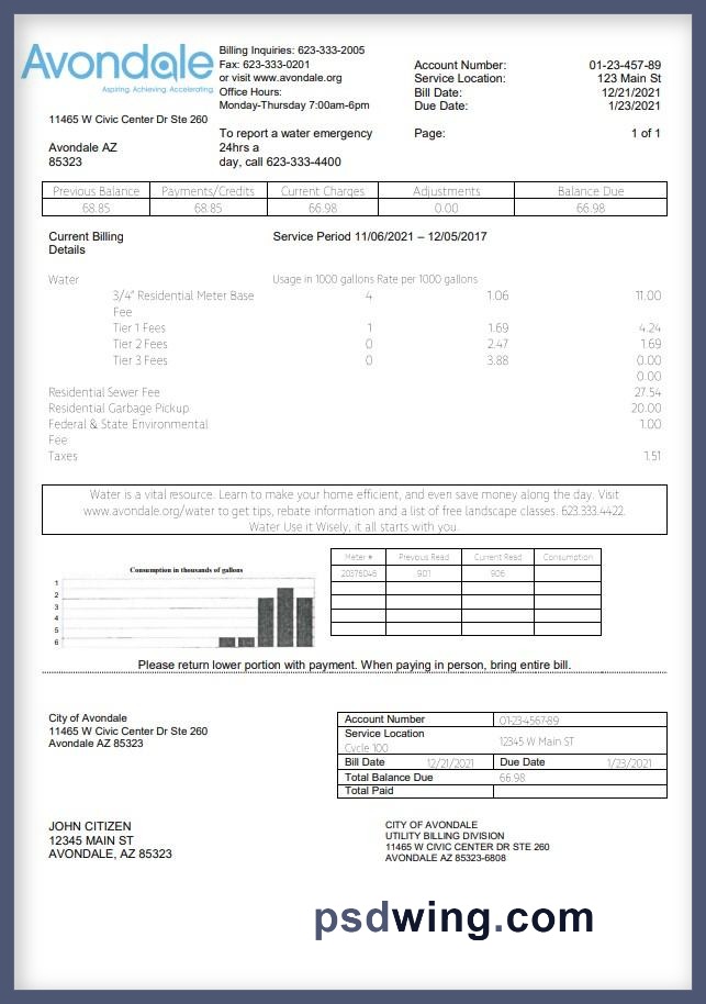 USA Arizona The City of Avondale Water Utility Bill